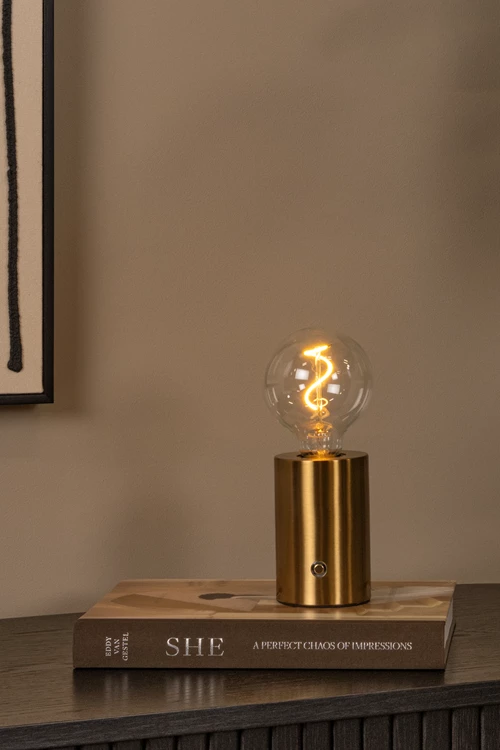 Lucide VIVO - Rechargeable Table lamp - Battery pack - Ø 8 cm - LED Dim. - E27 - 1x1W 2700K - Matt Gold / Brass - atmosphere 1